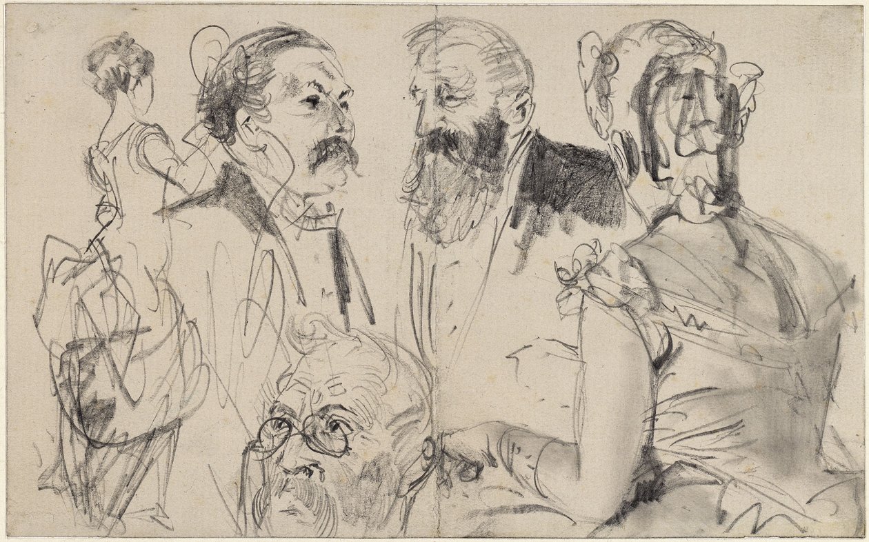 Skissblad med tre manshuvuden och två kvinnliga ryggfigurer från ett förnämt sällskap av Adolph Menzel