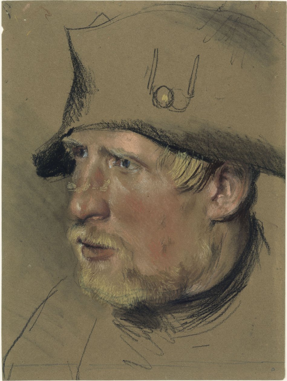 Soldat med blond mustasch och hakskägg i trekornig hatt, huvudstudie av Adolph Menzel