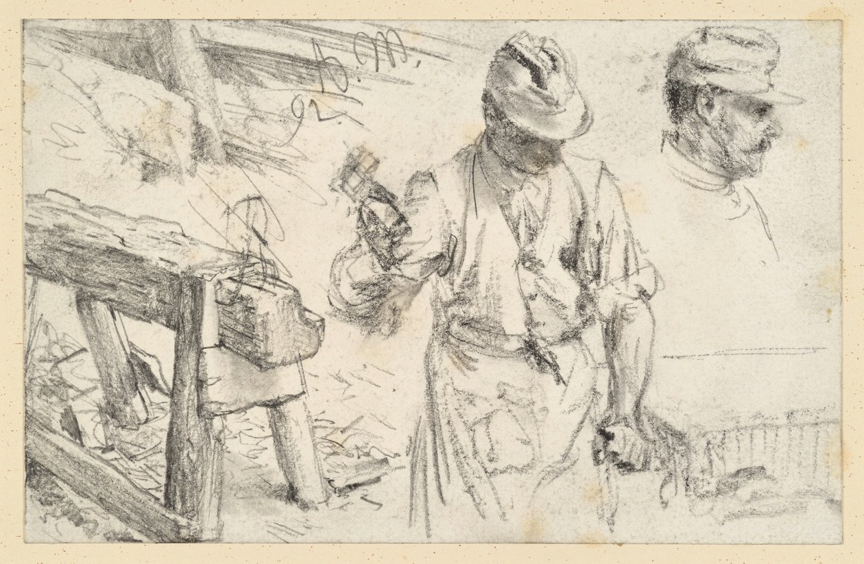 Stenhuggare i arbete, verkstadsbock och detaljer av Adolph Menzel
