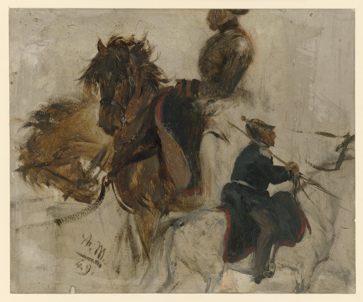 Studie med ridande soldat och hästhuvuden av Adolph Menzel