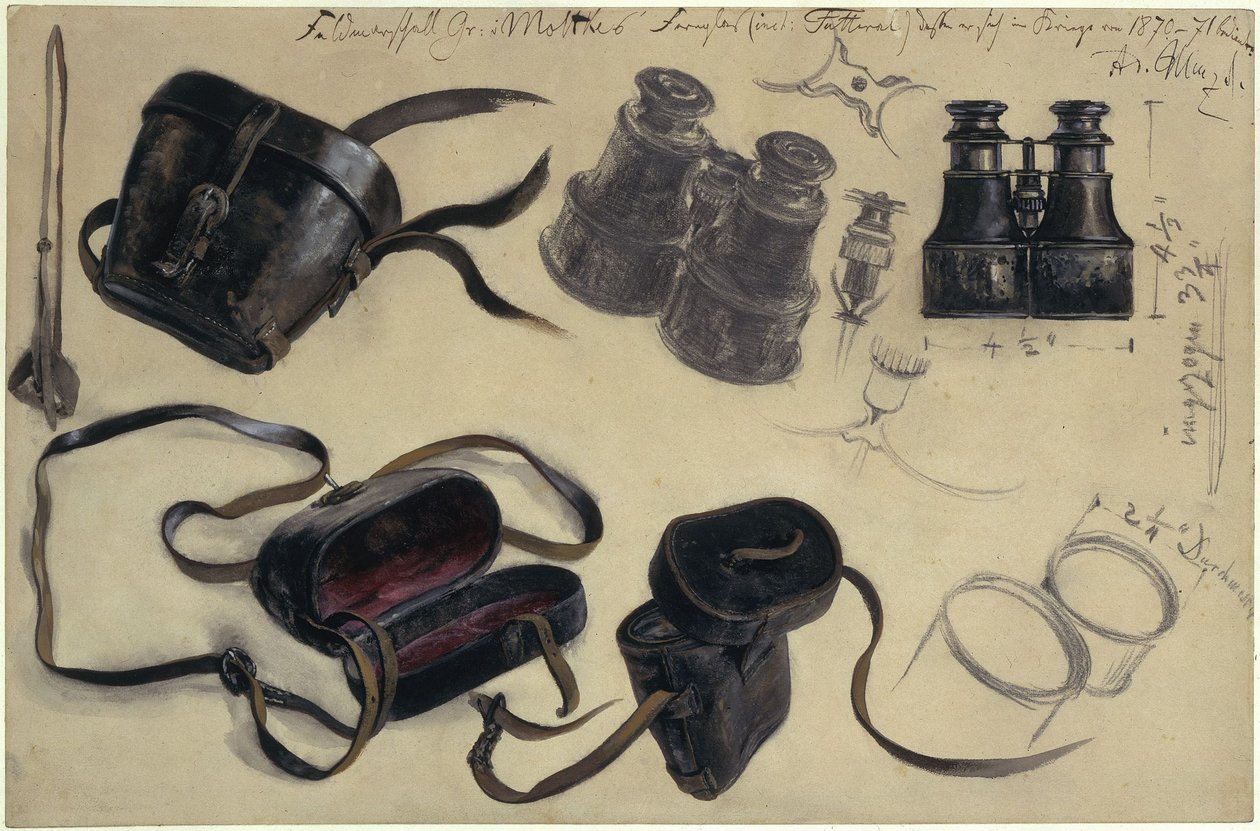 Studie efter fältmarskalk greve von Moltkes kikare, fodral och detaljer, med anteckningar av Adolph Menzel
