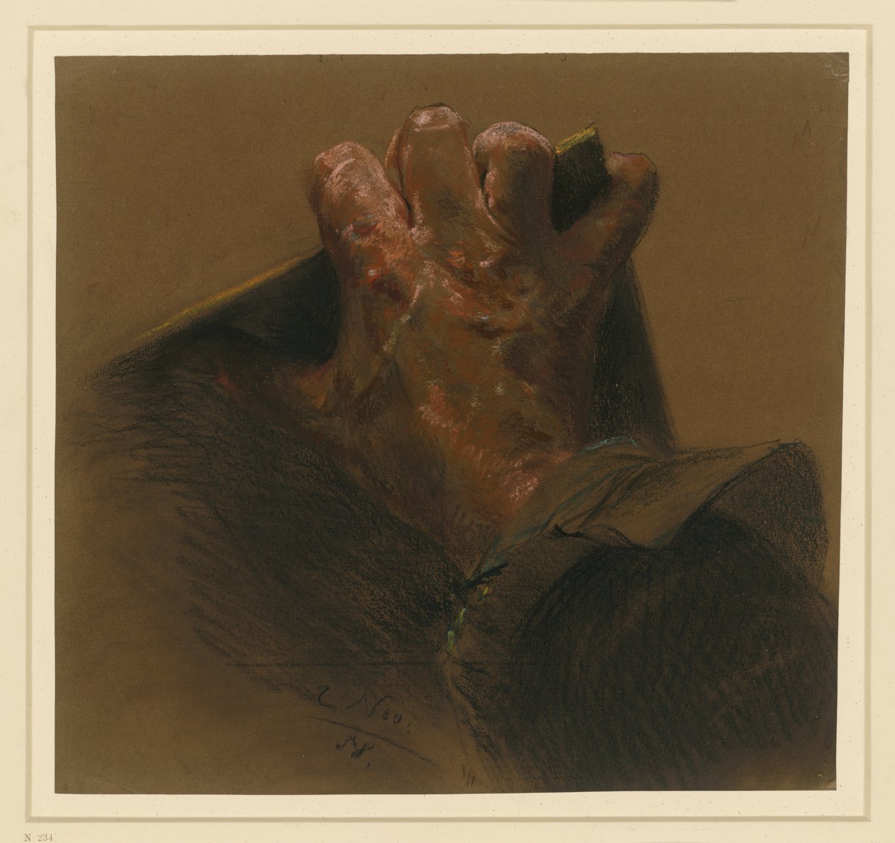Studie efter en manlig högerhand som griper över kanterna på en platta av Adolph Menzel