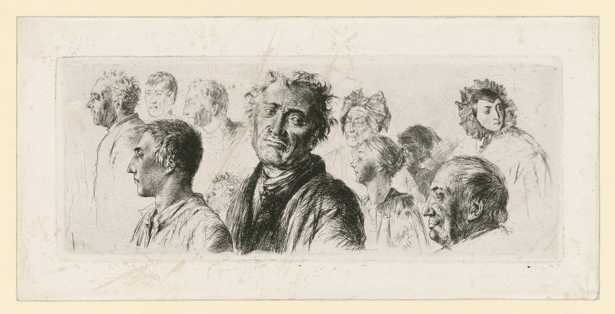 Skissblad från dårhuset. Tio huvuden, de flesta vända åt vänster av Adolph Menzel