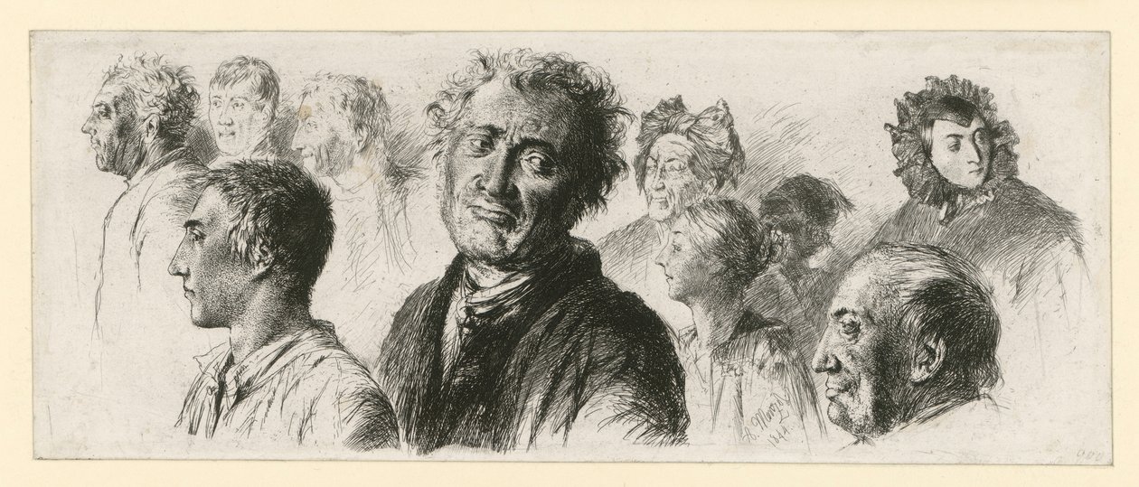 Skissblad från dårhuset. Tio huvuden, de flesta vända åt vänster av Adolph Menzel