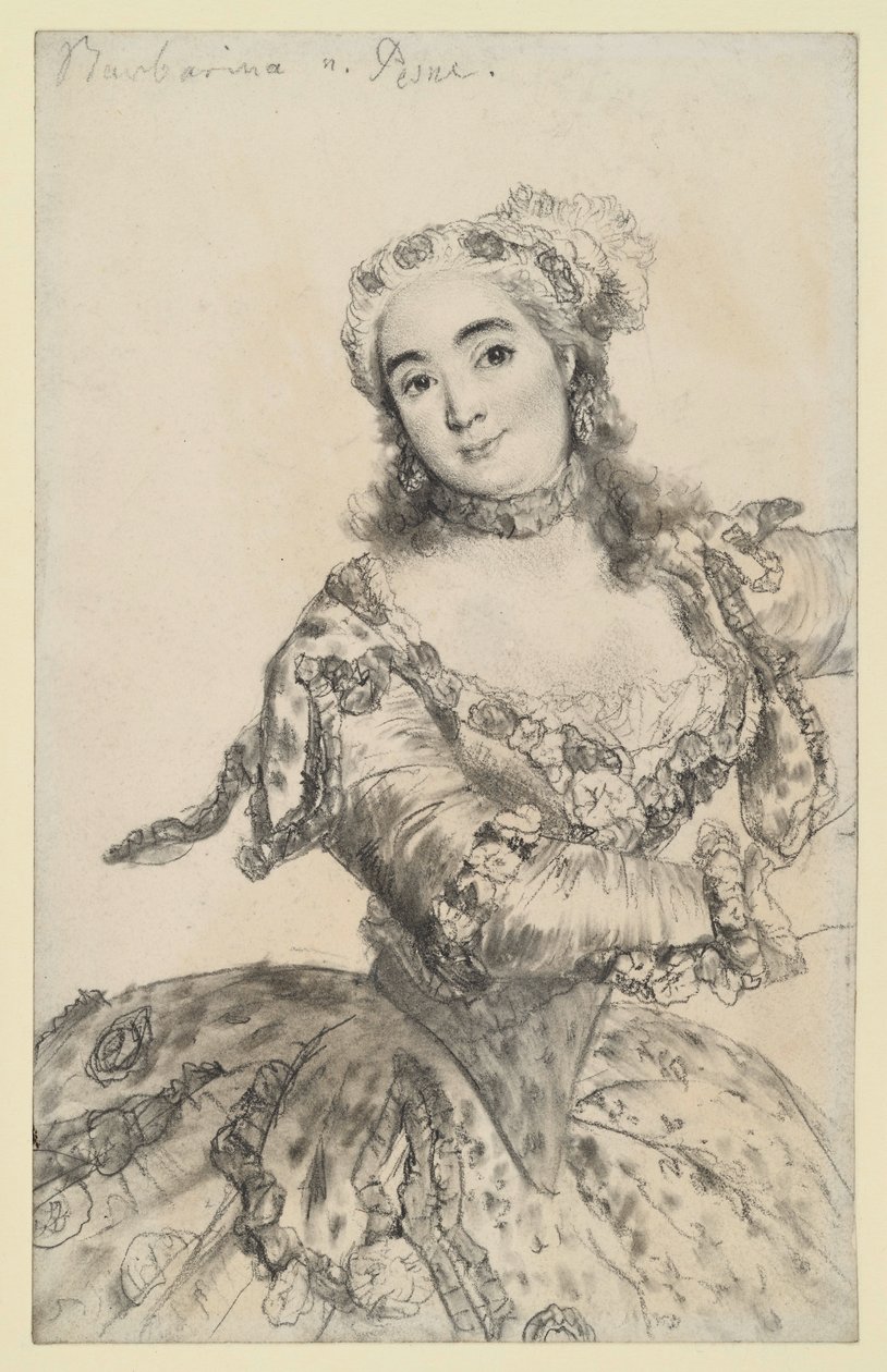 Dansösen Barbarina i dansande rörelse. Knästycke en face. Kopia efter Pesne i Sanssouci. av Adolph Menzel