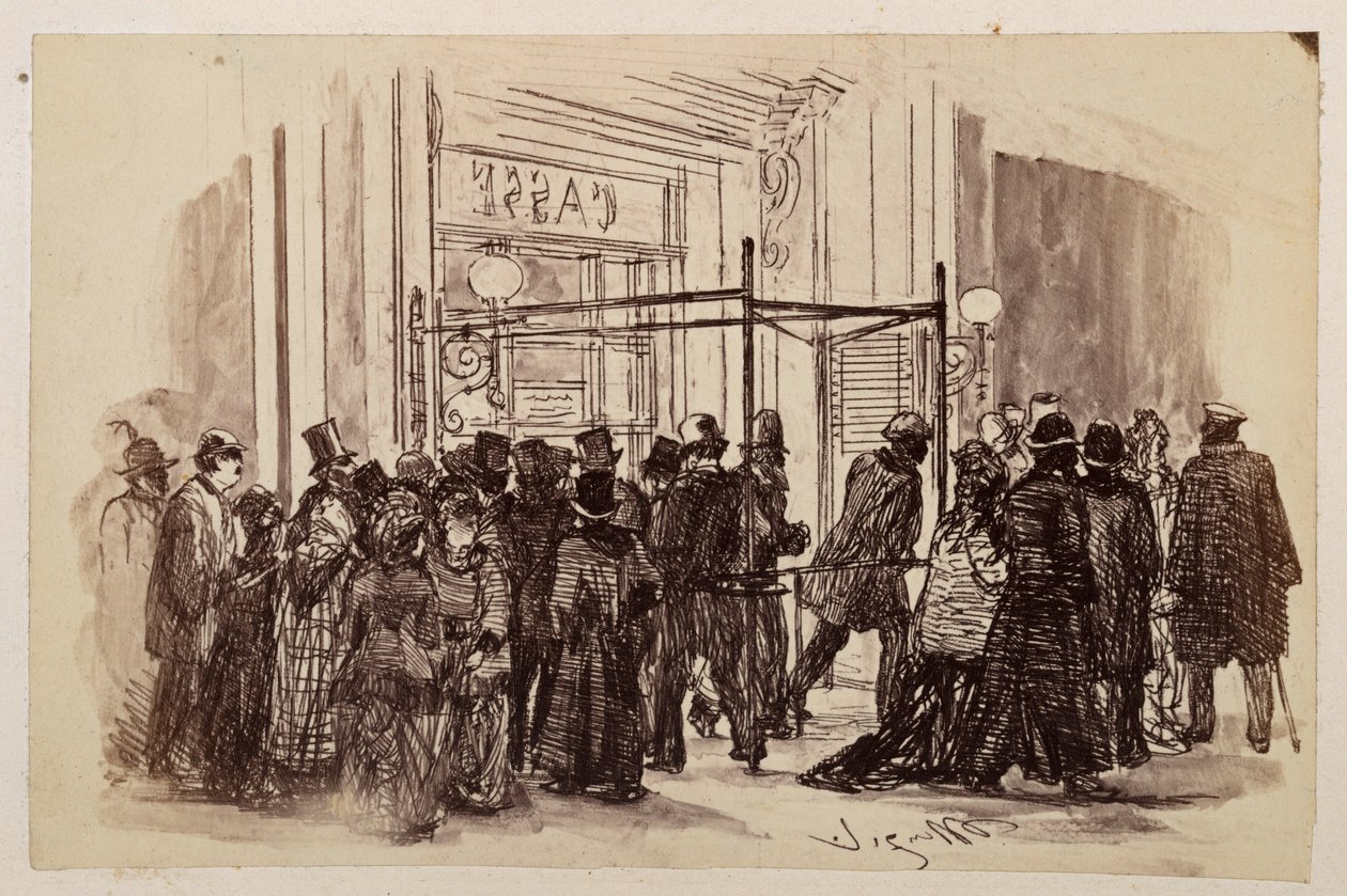 Biljettkassan: besökarna ställer sig i kö från höger vid den upplysta kassan och går sedan vidare åt vänster, mot Heinrich von Kleists ”Den trasiga kannan” av Adolph Menzel
