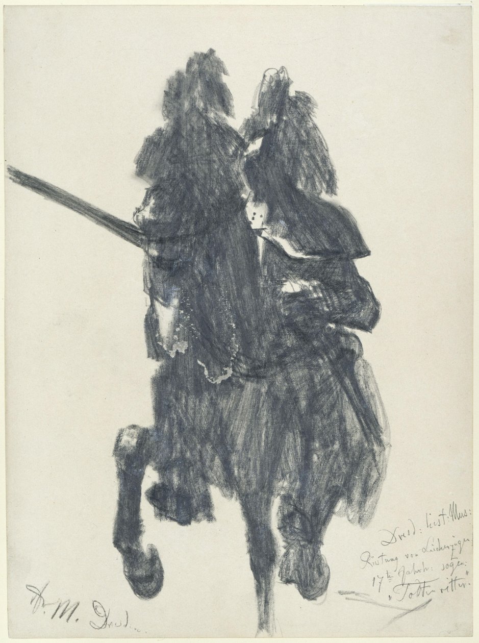 ”Dödsriddaren”. Rytarfigur med turneringsrustning från slutet av 1500-talet och lans, utställd på Historiska museet i Dresden av Adolph Menzel