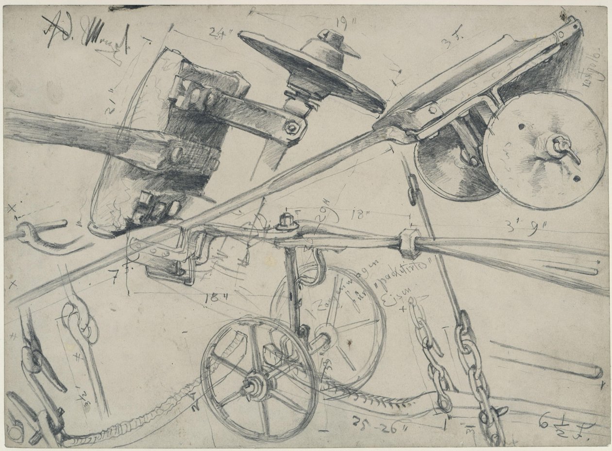 Transportvagn med detaljer och måttangivelser. Studie till ”Järnvalsverket. Moderna cykloper” av Adolph Menzel