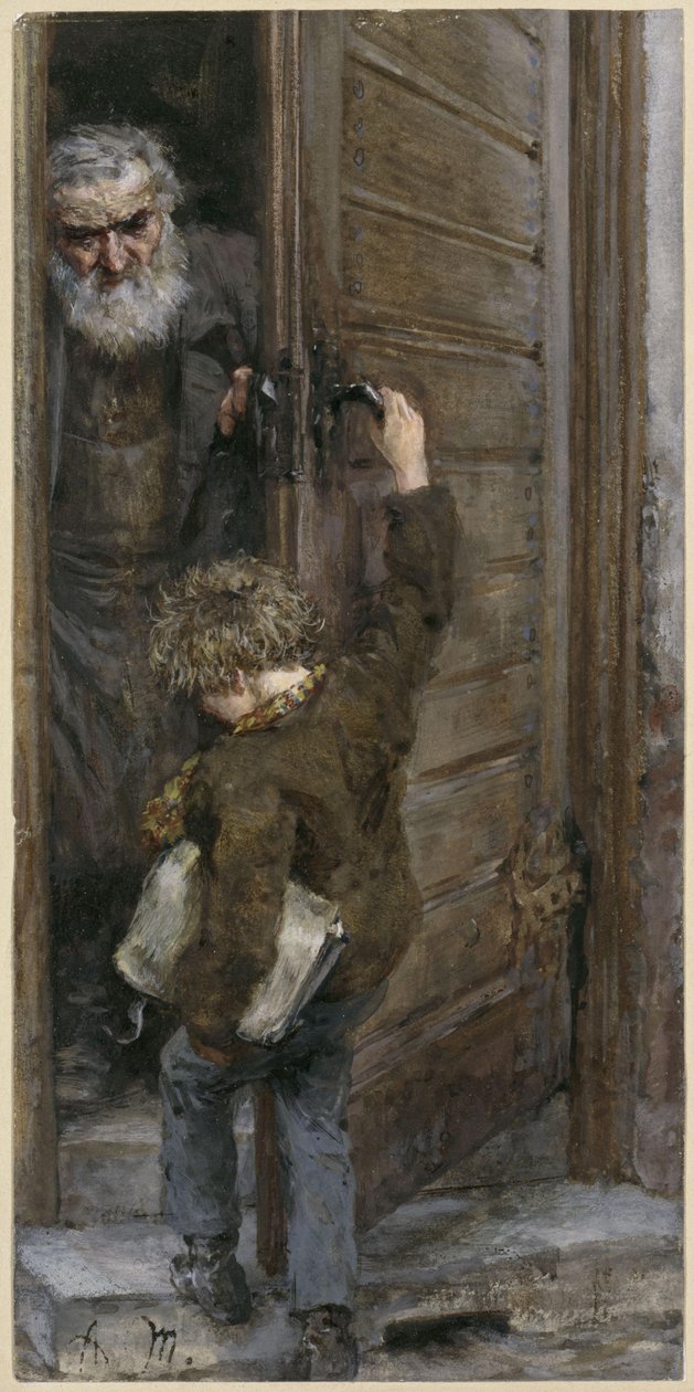 Far och son vid dörren. Ur ”Barnalbumet” av Adolph Menzel