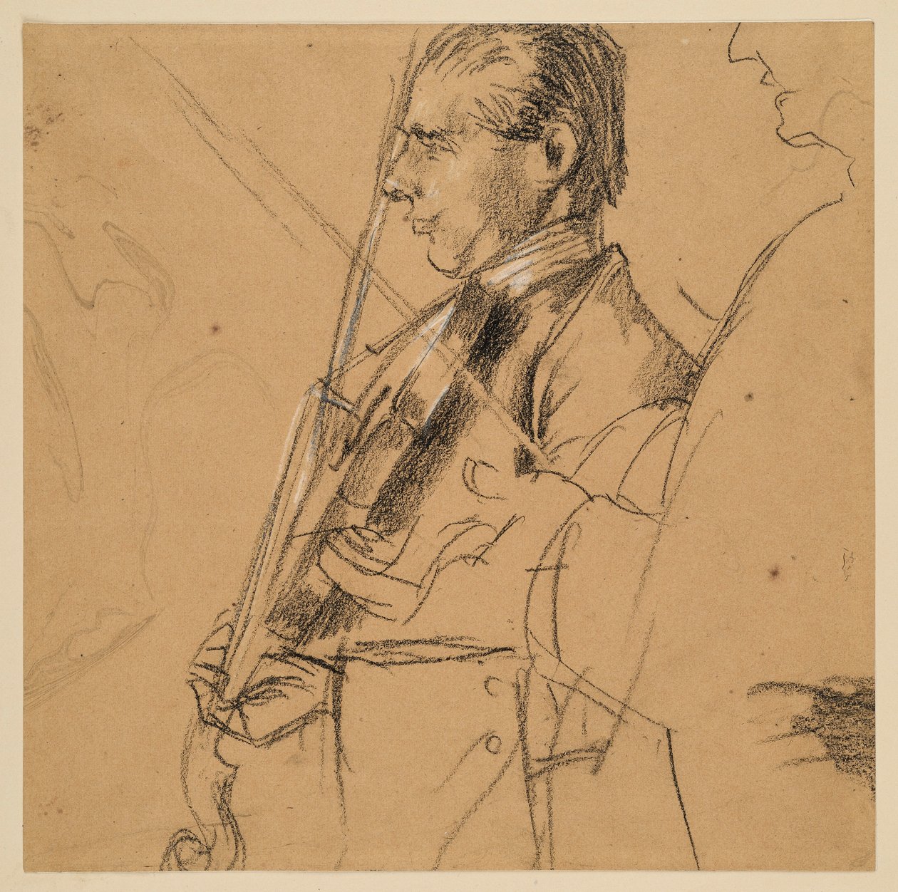 Fiolspelare. Halvfigur. Profil mot vänster. Till höger: profilskiss. Förstudie till målningen ”Fredrik den stores flöjtkonsert i Sanssouci” av Adolph Menzel