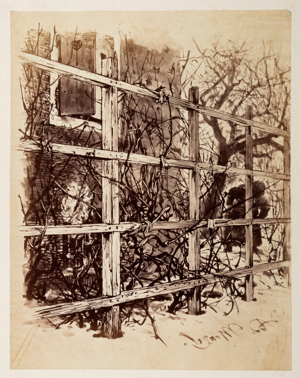 Framför ett hus finns ett spaljé där en peruk hänger, inspirerad av Heinrich von Kleists ”Den trasiga kannan” av Adolph Menzel