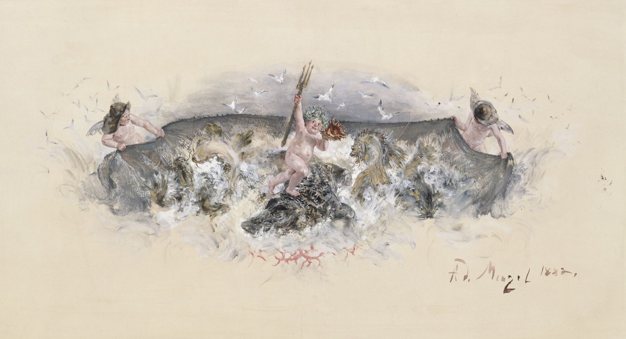 Förslag till utsmyckning av fiskfatet i bordsservisen för kronprinsparets silverbröllop av Adolph Menzel