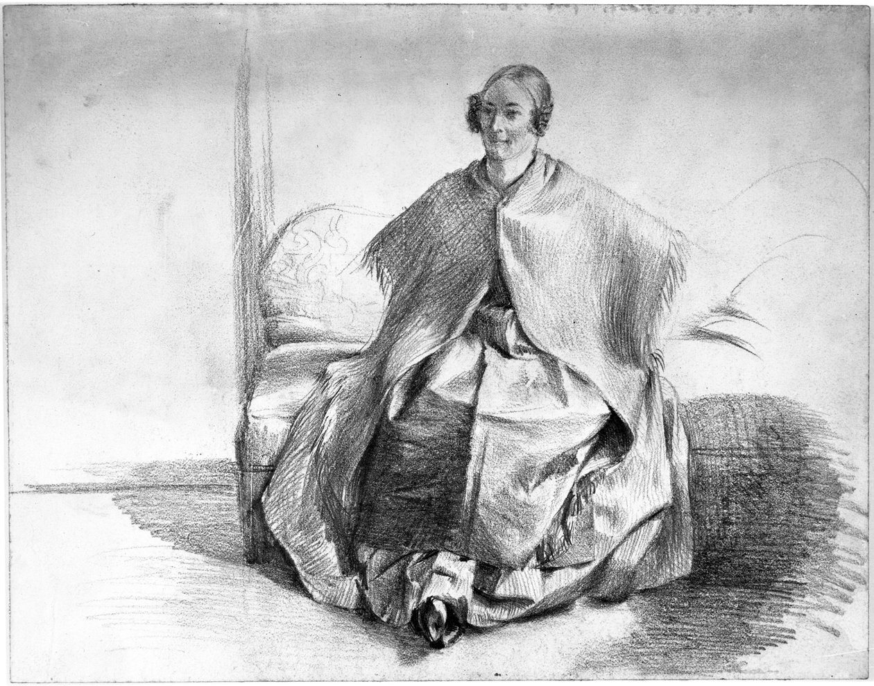 Kvinnlig kostymfigur med sjal, sittande på en soffa av Adolph Menzel