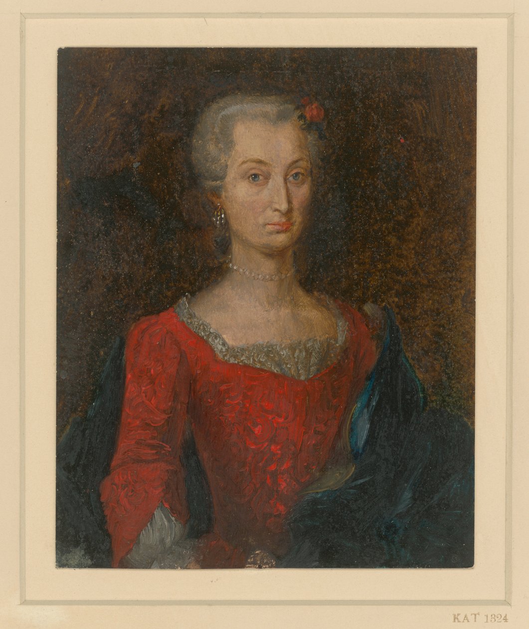 Kvinnoporträtt i röd klänning med blå mantel av Adolph Menzel