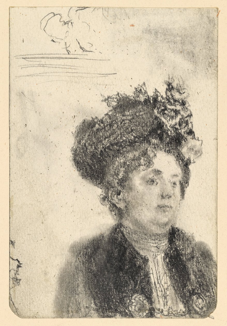 Kvinnligt bröstporträtt med hatt av Adolph Menzel