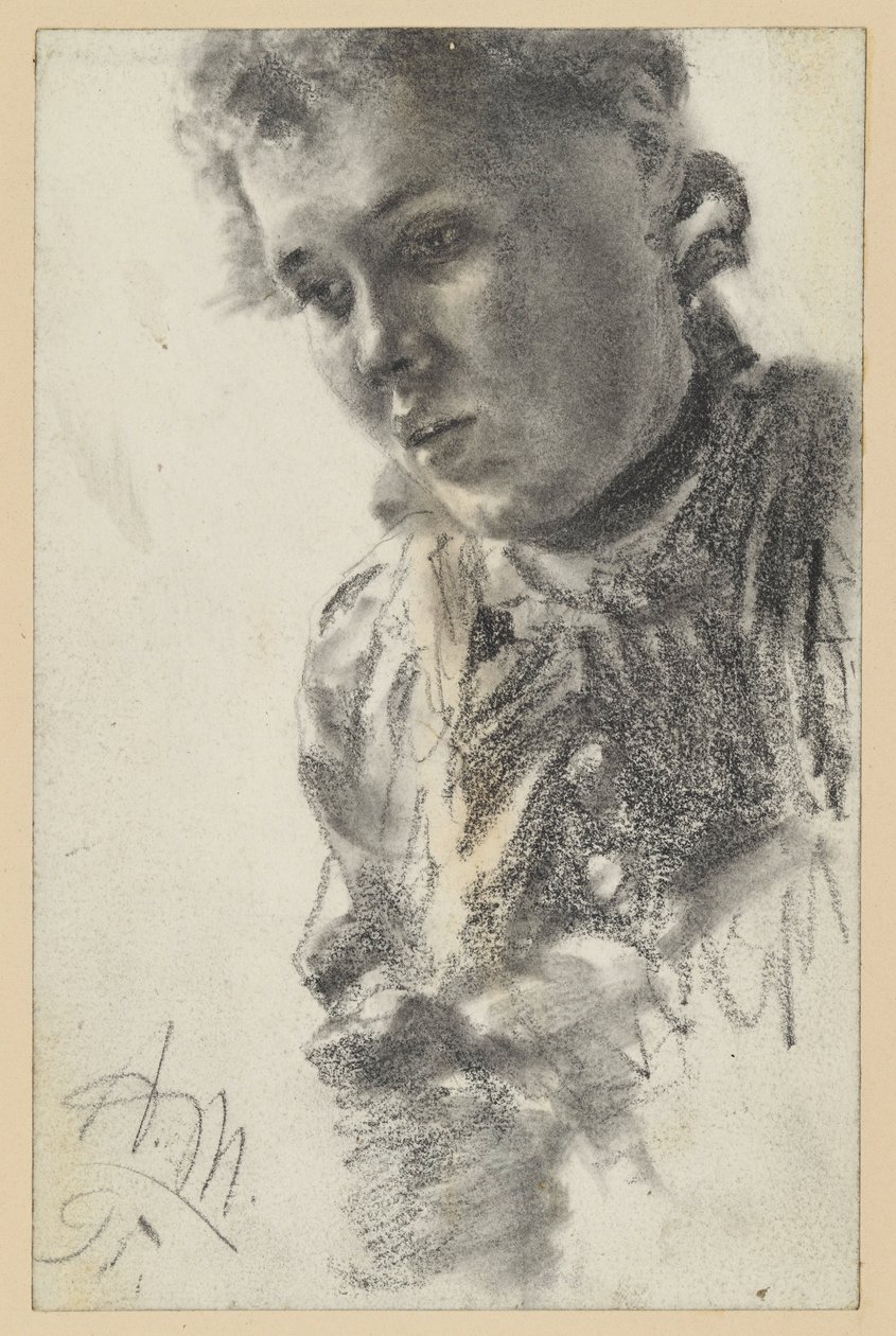 Kvinnligt bröstporträtt vänt åt vänster, med huvudet lutat framåt av Adolph Menzel