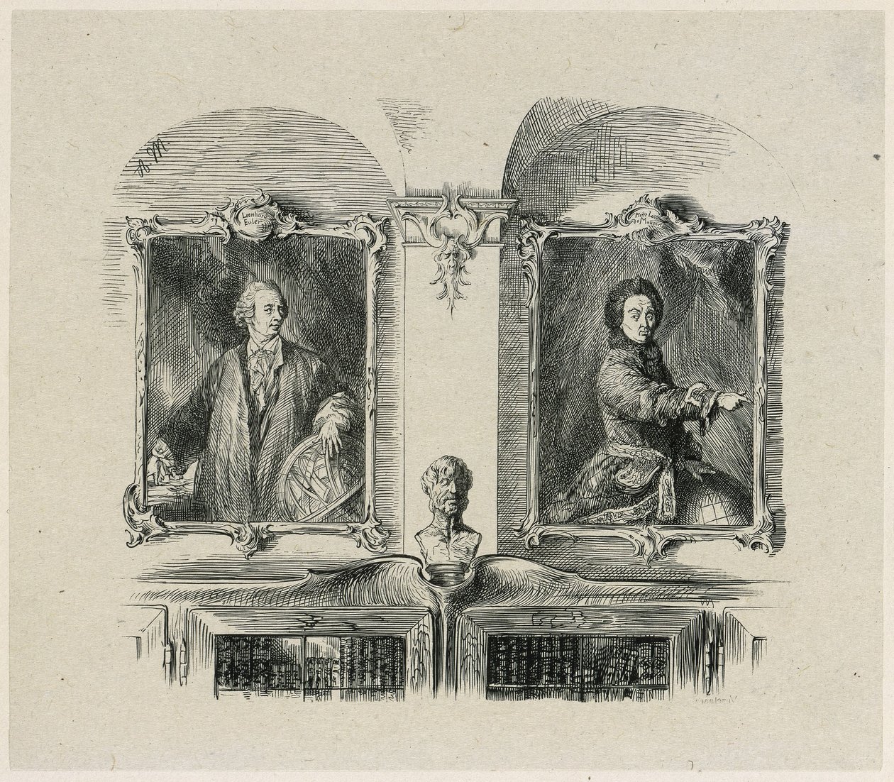 Friedrich den stores verk. Leonhard Euler och Pierre-Louis de Maupertuis av Adolph Menzel