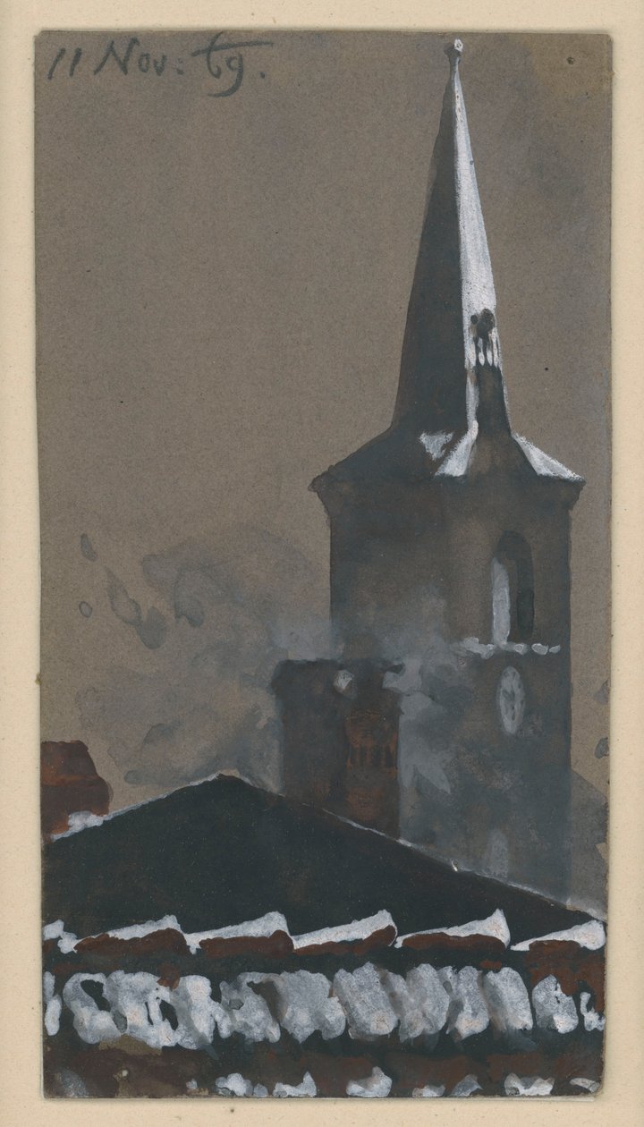 Snötäckt tegeltak och kyrktorn av Adolph Menzel