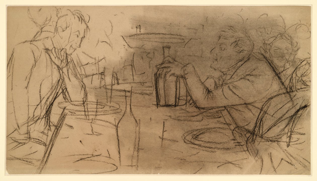 Två herrar som sitter mittemot varandra vid ett bord på en krog och samtalar av Adolph Menzel