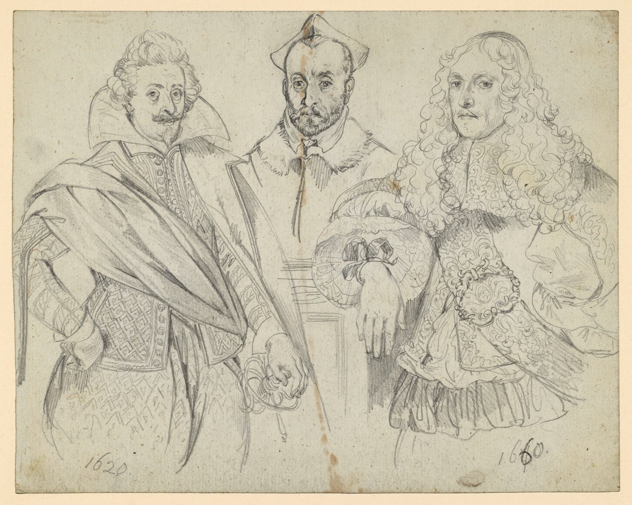 Två högt uppsatta personer från åren 1620 och 1660, med en kardinal i mitten. Kopior efter historiska avbildningar av Adolph Menzel