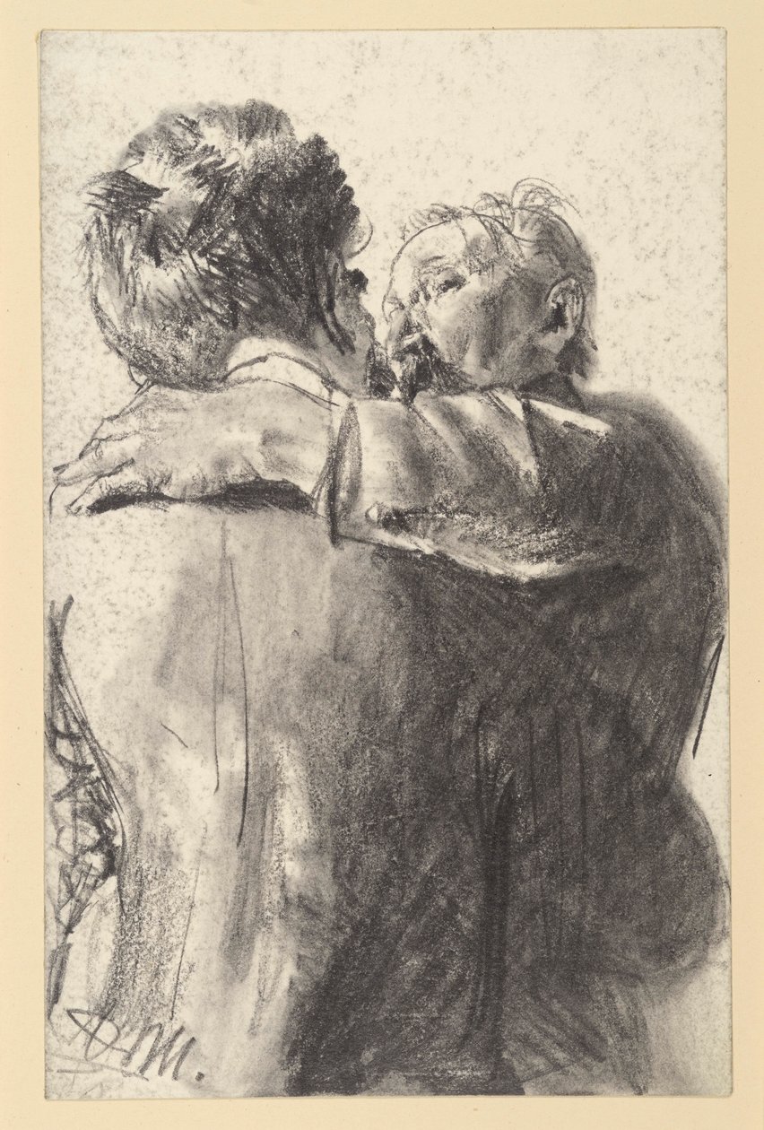 Två män som omfamnar varandra, sedda bakifrån och från sidan av Adolph Menzel