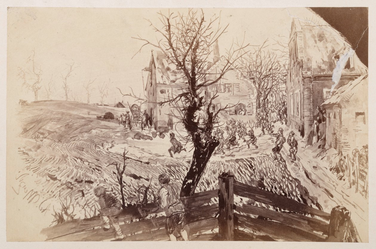 Mellan byns sista hus bryter folkmassan fram för att förfölja den flyende Adam, som ses skynda bort med sin käpp, till Heinrich von Kleists "Den sönderslagna krukan" av Adolph Menzel