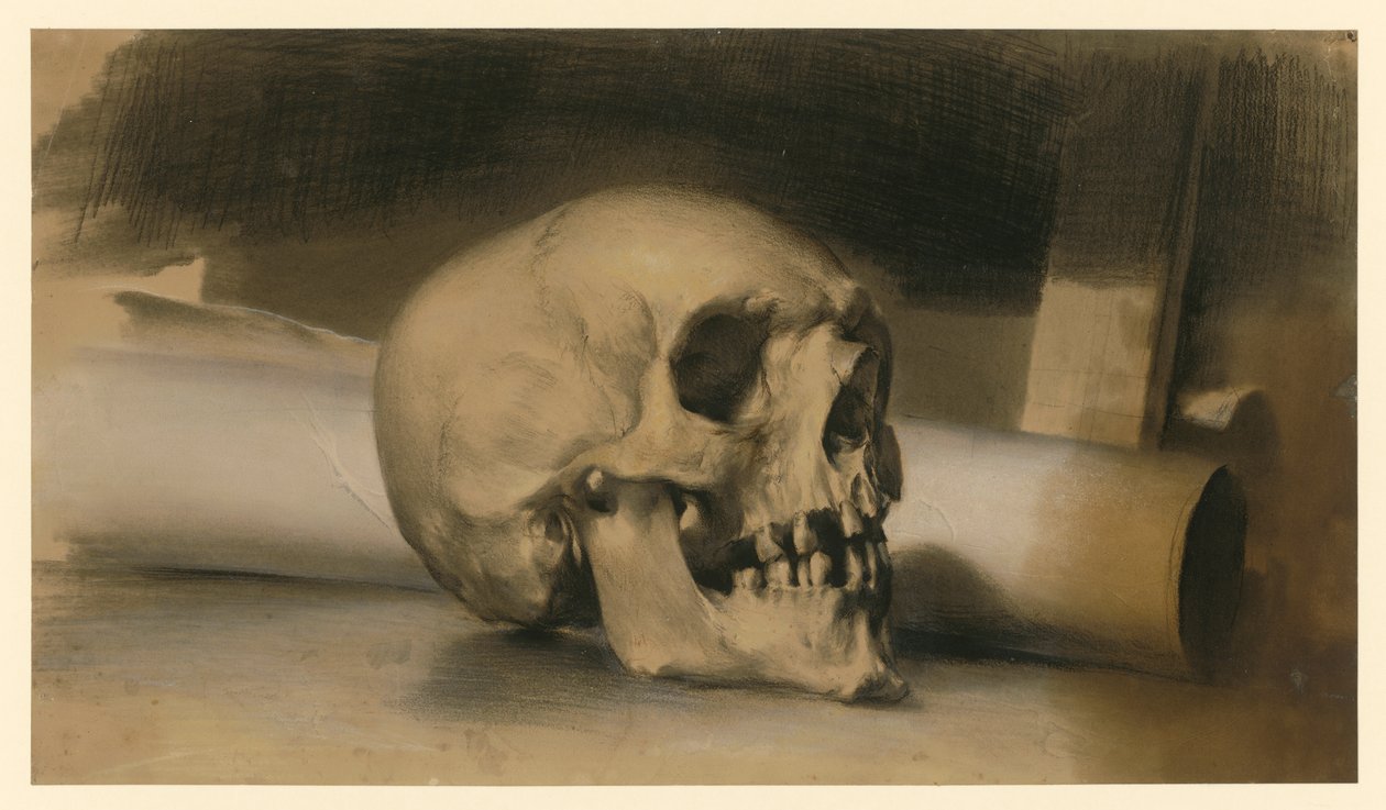 en mänsklig skalle till höger, med en pappersrulle bakom av Adolph Menzel