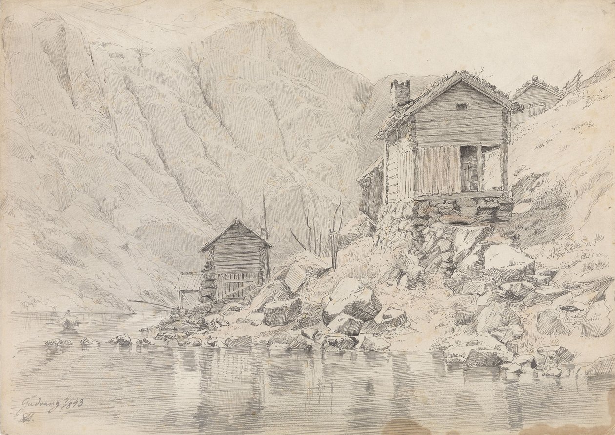 Hus vid stranden, Gudvangen av Adolph Tidemand