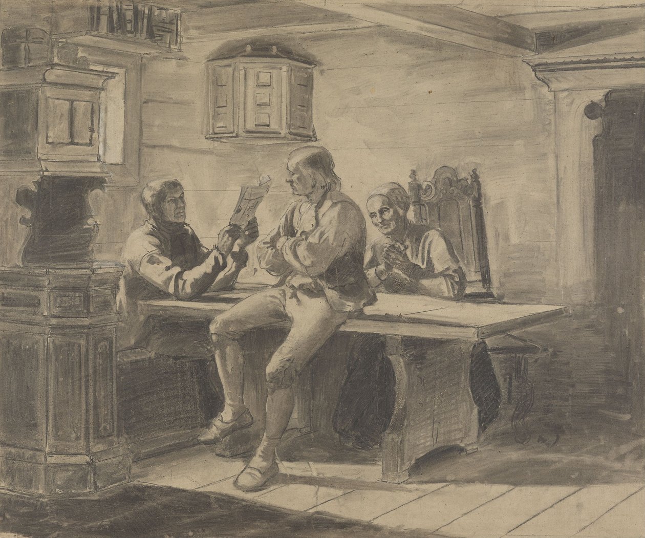 Man som läser för sin fru och sin man av Adolph Tidemand