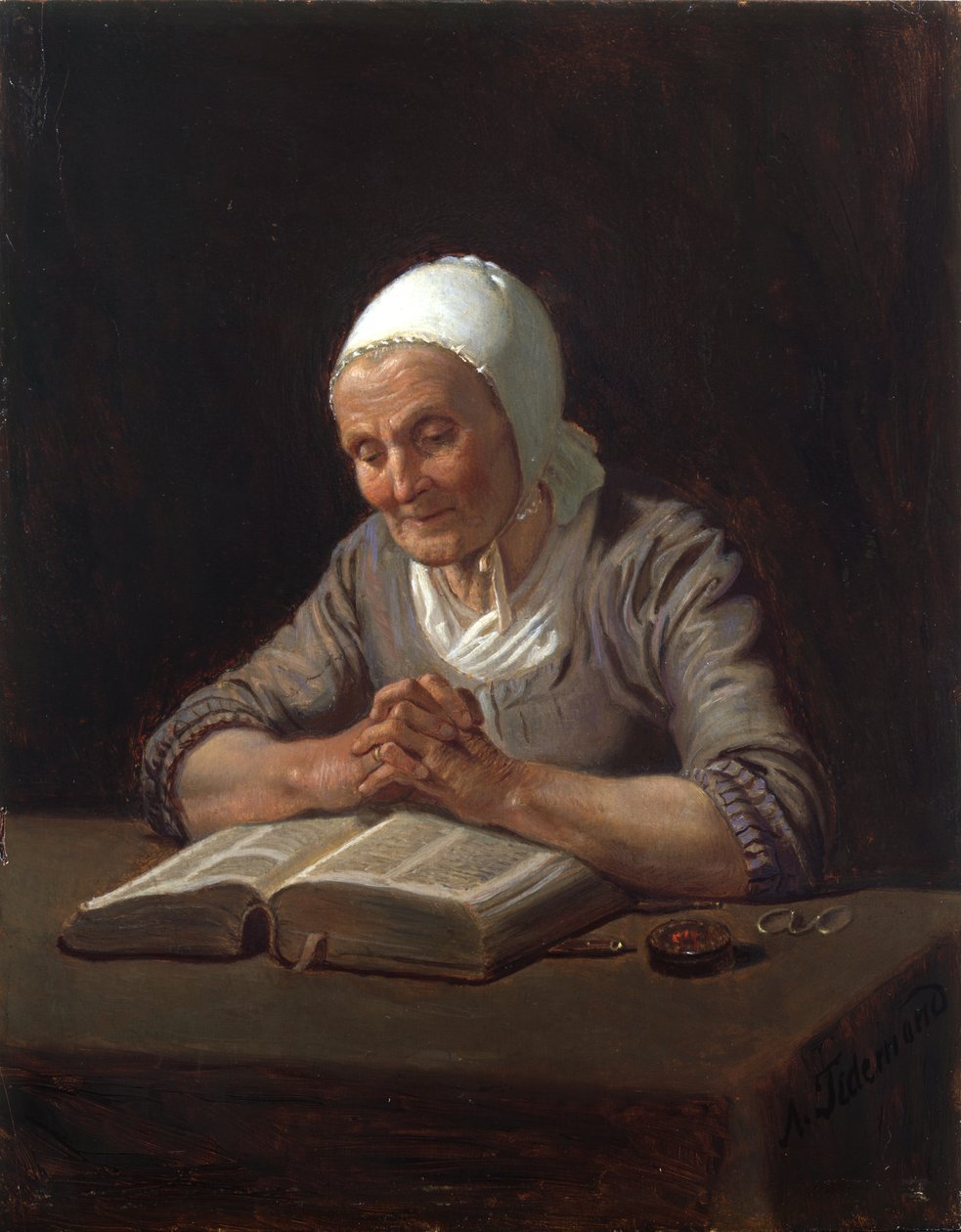 Gammal kvinna som läser (olja på panel) av Adolph Tidemand