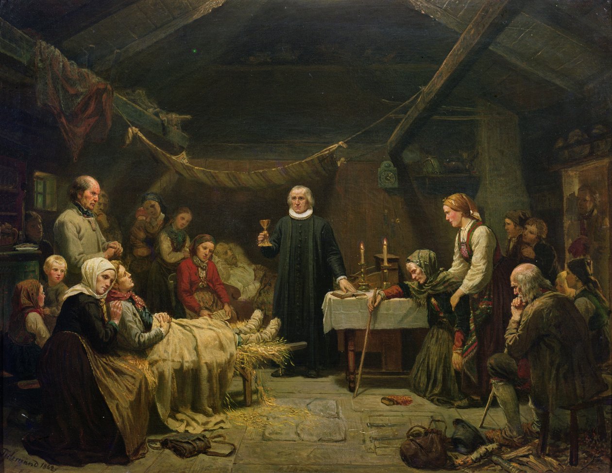 Den sjuka björnjägaren. Det sista sakramentet av Adolph Tidemand