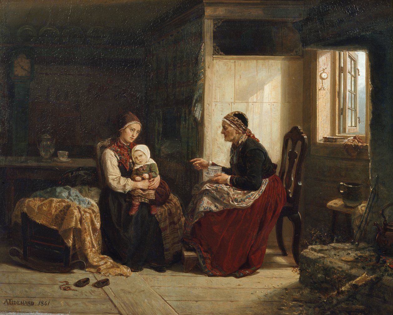 Grannfruns råd (Det sjuka barnet) av Adolph Tidemand
