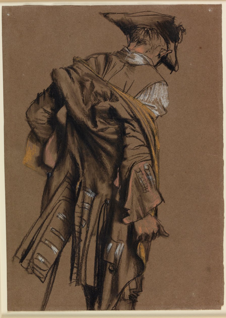 Konstnärsmodell, sett bakifrån, iklädd 1700-talsuniform av Adolph Menzel