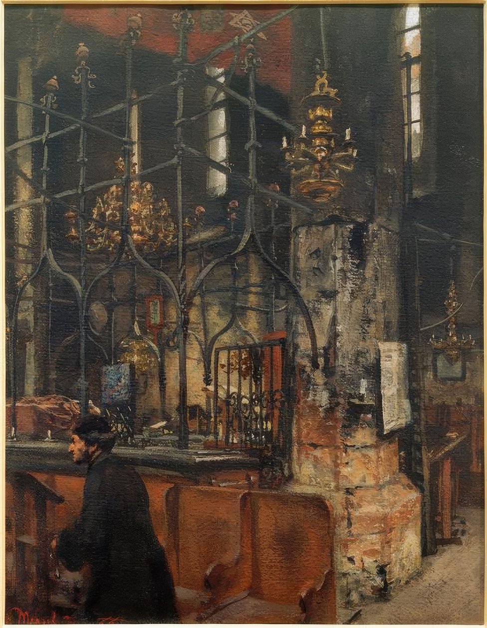Interiören av den gamla-nya synagogan i Prag av Adolph Menzel