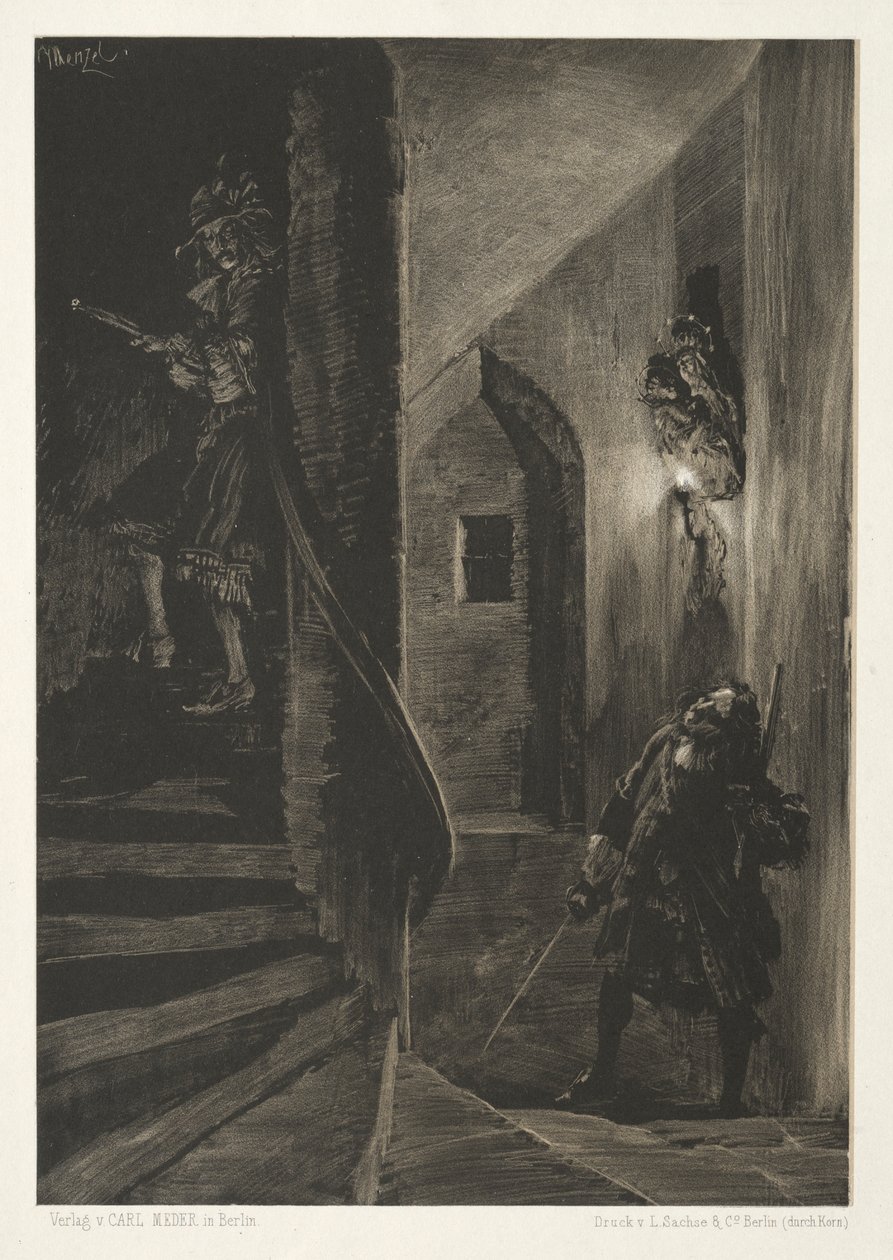 Essä om sten med borste och skrapa: Chase on the Winding Staircase av Adolph Menzel