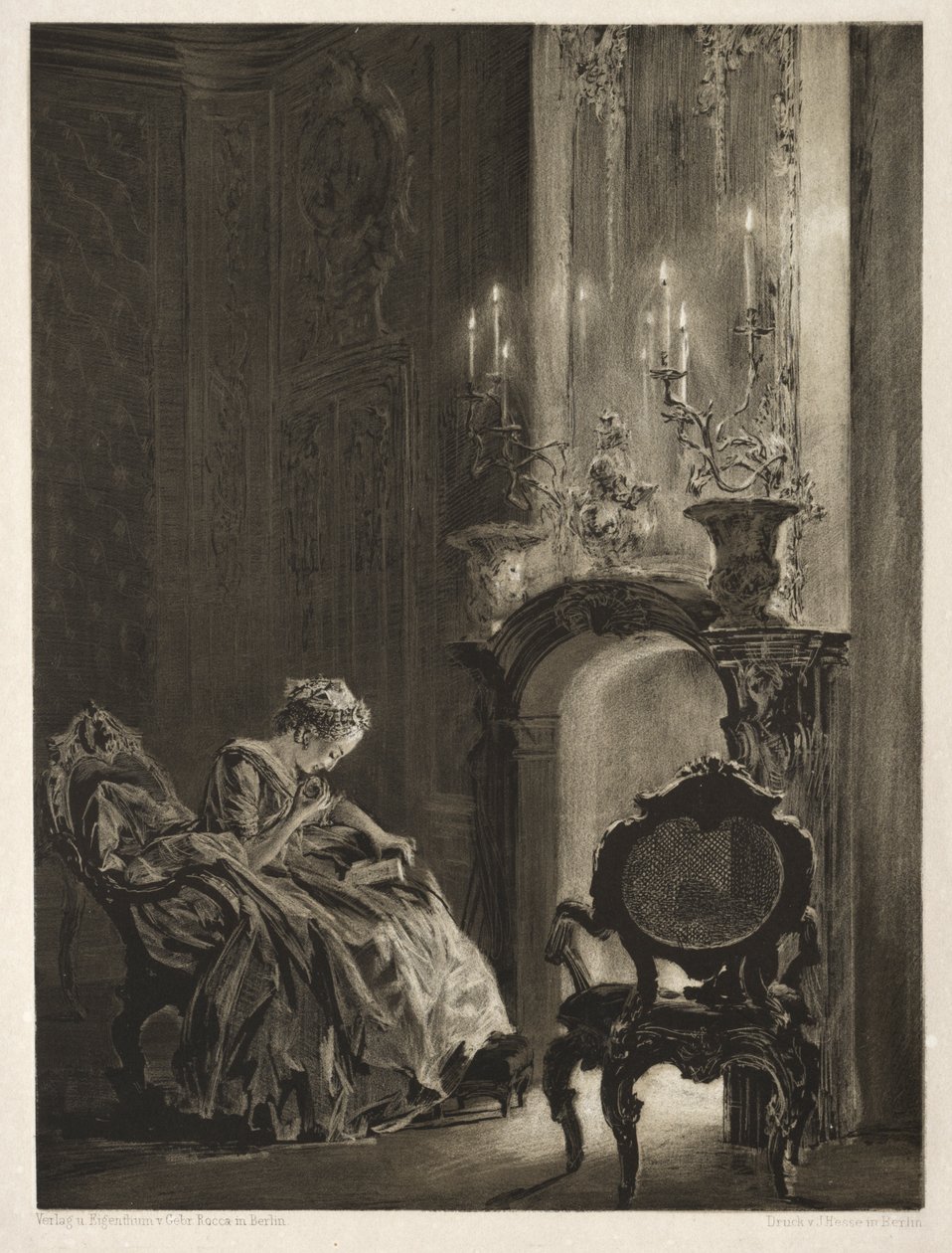 Essä om sten med borste och skrapa: Kvinna som läser vid brasan av Adolph Menzel
