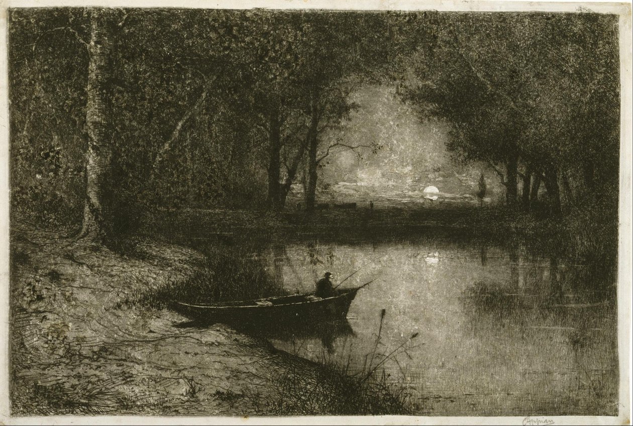 Fiskare i en roddbåt, vid kanten av en flod av Adolphe Appian