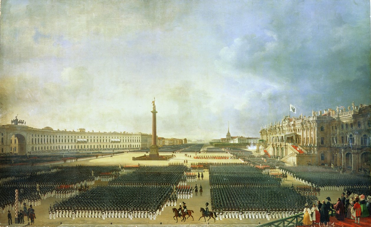 Invigningen av Alexanderkolonnen i St. Petersburg den 30 augusti 1834 av Adolphe Ladurner