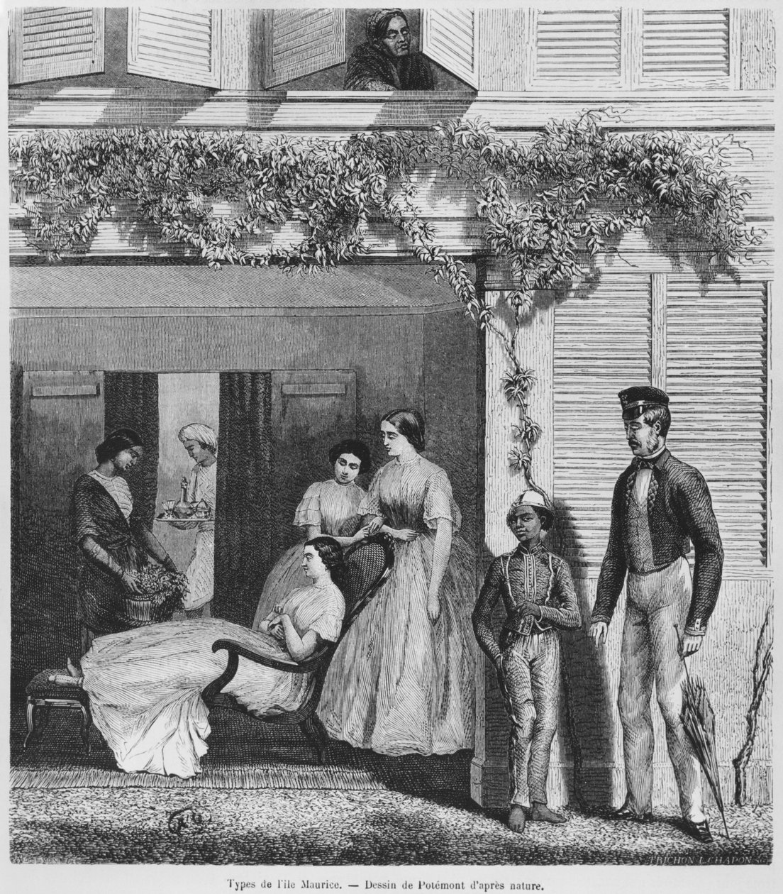 Europeiskt folk och invånare på Mauritius, ca 1857 (gravyr i svartvitt) av Adolphe Martial Potemont
