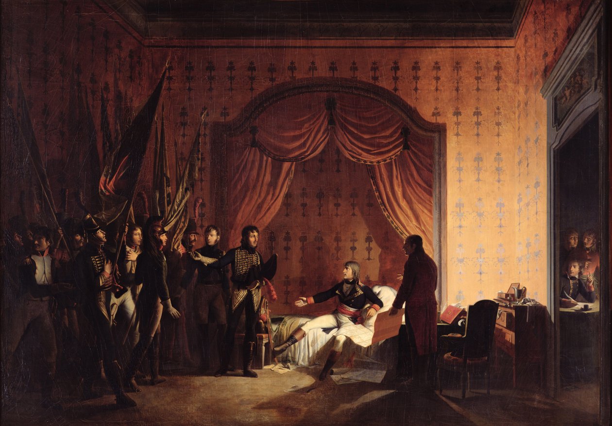 General Bonaparte tar emot fångade österrikisk-sardiska flaggor vid Millesimo efter slaget vid Montenotte den 13 april 1796 av Adolphe Roehn