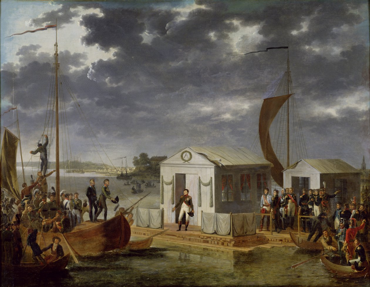 Möte mellan Napoleon Bonaparte (1769-1821) och Alexander I (1777-1825) av Ryssland i Niemen, 25 juni 1807, 1808 av Adolphe Roehn