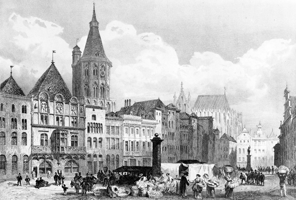 Alter Markt (Köln) mit Rathaus und Rathausturm. Im Hintergrund der noch unvollendete Kölner Dom av Adolphe Rouargue