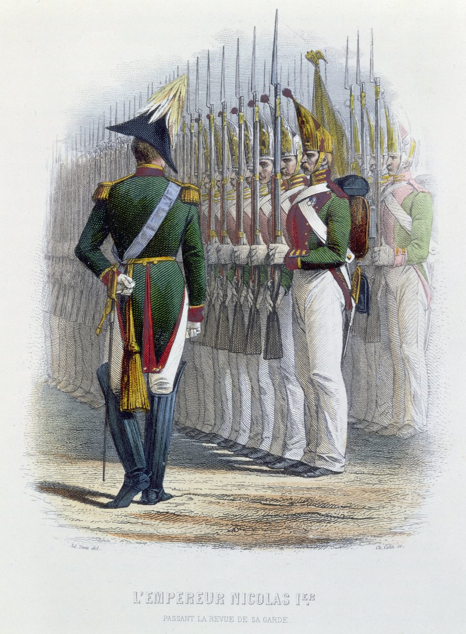 Tsar Nicholas I av Ryssland inspekterar sina vakter som står till uppmärksamhet av Adolphe Yvon