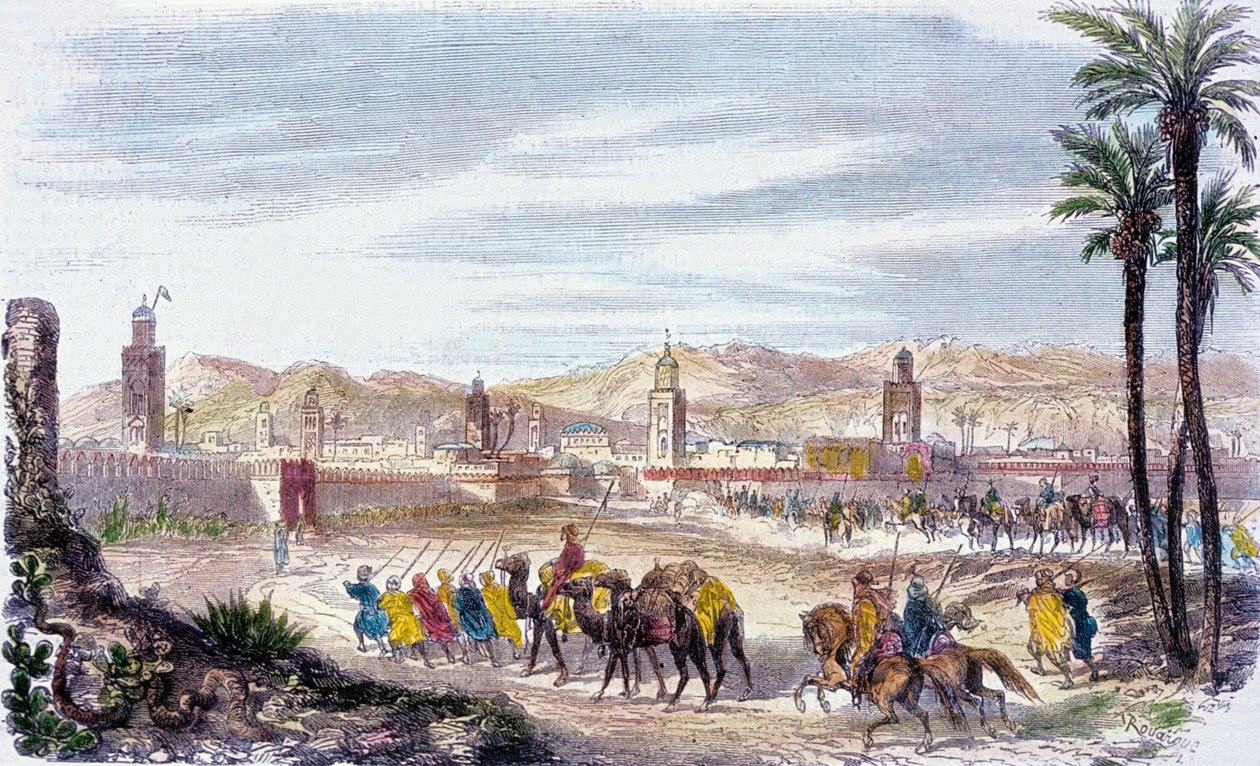 Marrakech, Marocko (färgad gravyr) av Adolphe (after) Rouargue