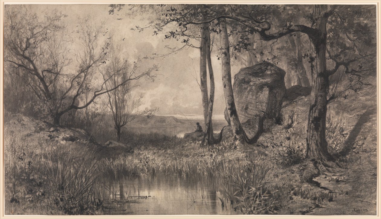 En damm med en fiskare längs floden Ain av Adolphe Appian