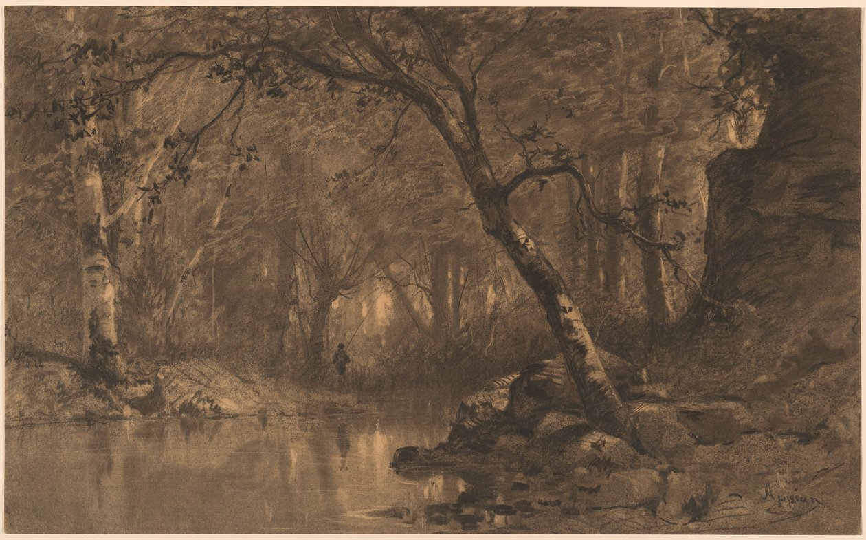 En skogsflod med en fiskare av Adolphe Appian