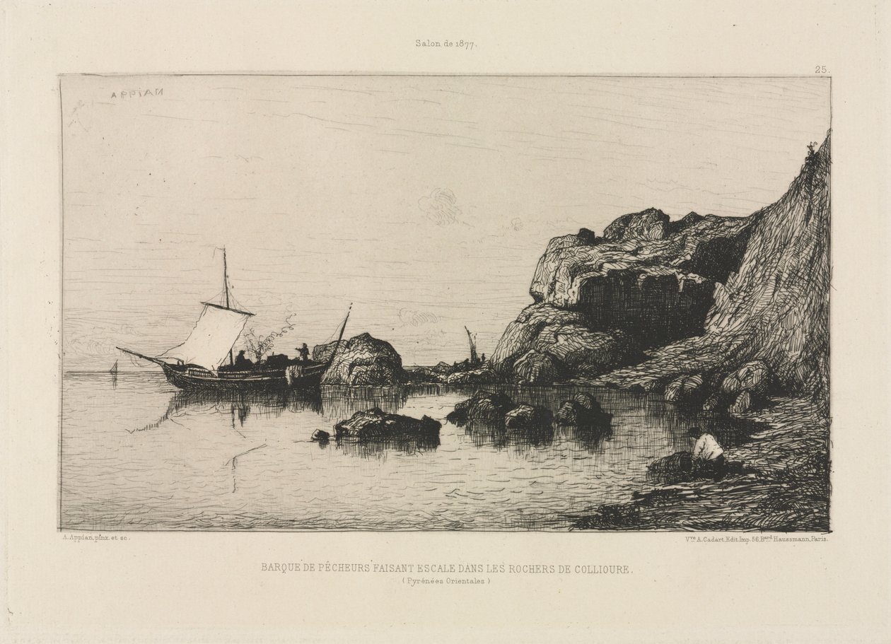Fiskebåt som anlöper klipporna i Collioure, 1878. av Adolphe Appian