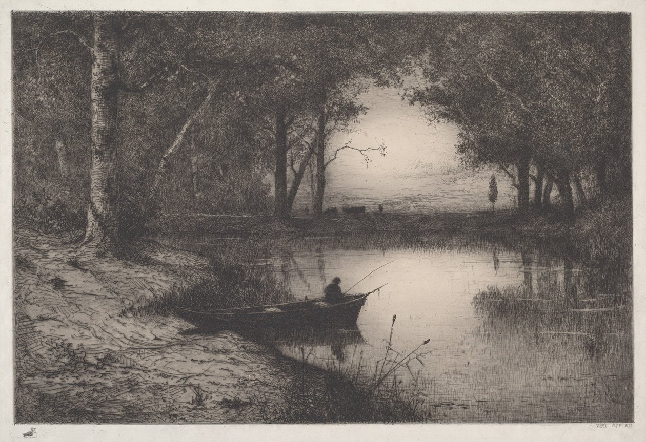 Fiskare i en båt vid en flodstrand av Adolphe Appian