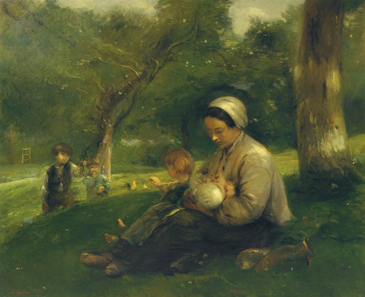 Mamma och hennes barn på Saint-Siméon: den kärleksfulla mamman av Adolphe Felix Cals