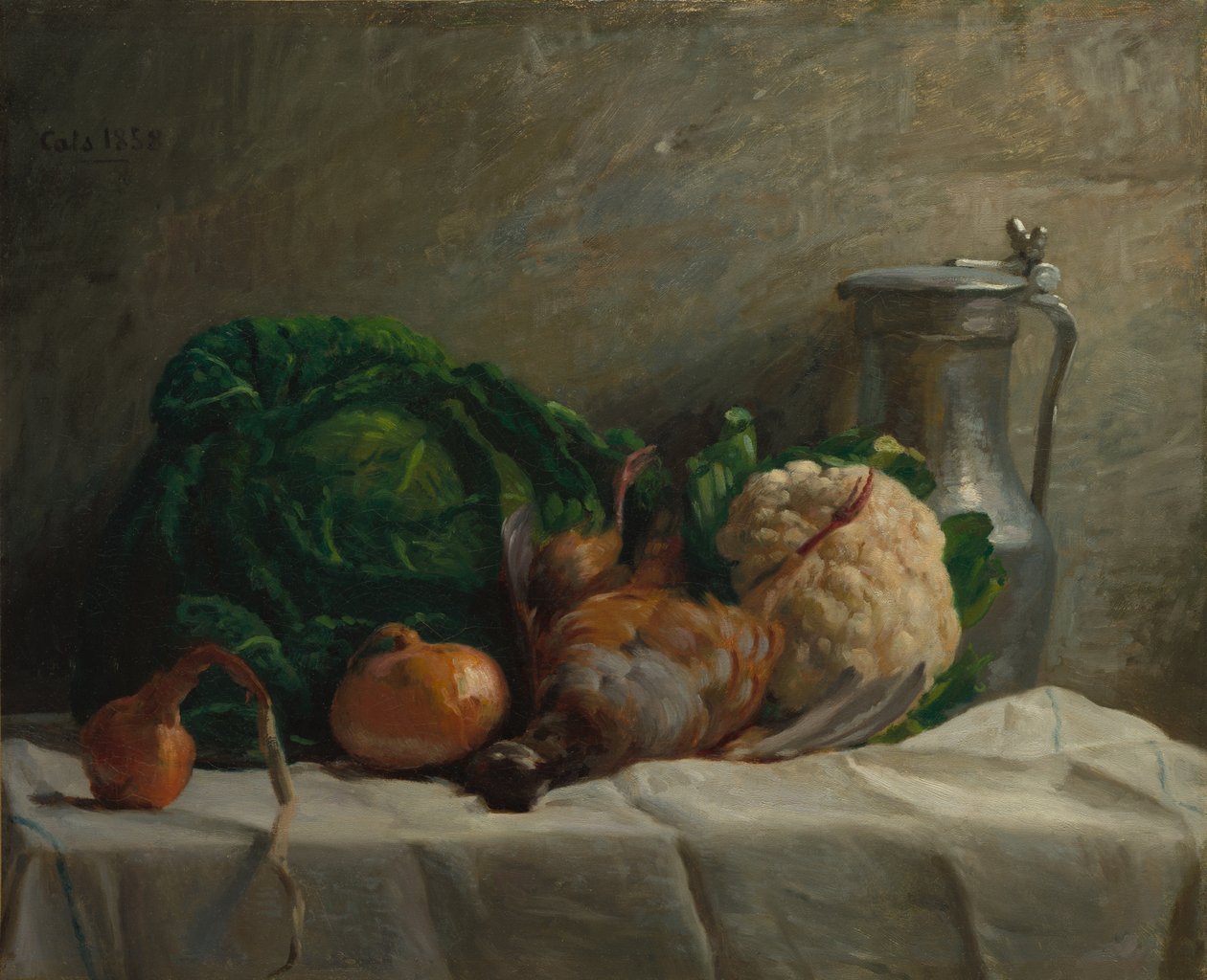 Stilleben med grönsaker, rapphöna och en kanna, 1858. av Adolphe Felix Cals
